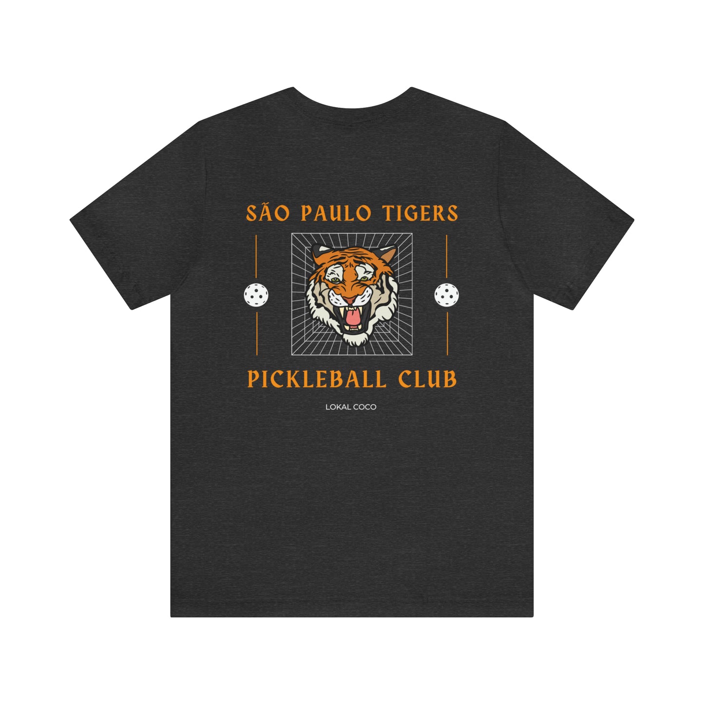 The back of São Paulo Tigers Pickleball Club T-Shirt | Pickleball Tee in dark grey heather