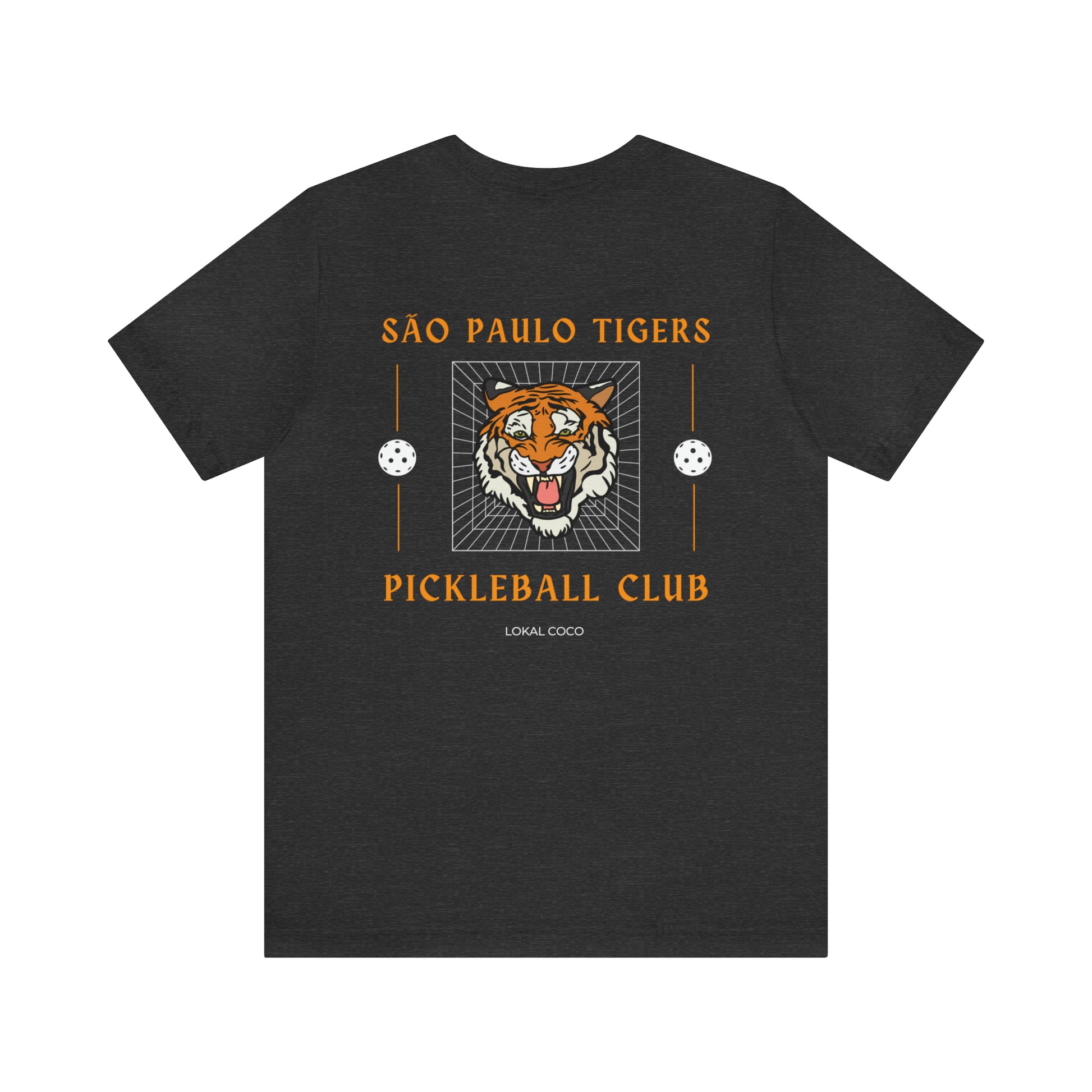 The back of São Paulo Tigers Pickleball Club T-Shirt | Pickleball Tee in dark grey heather