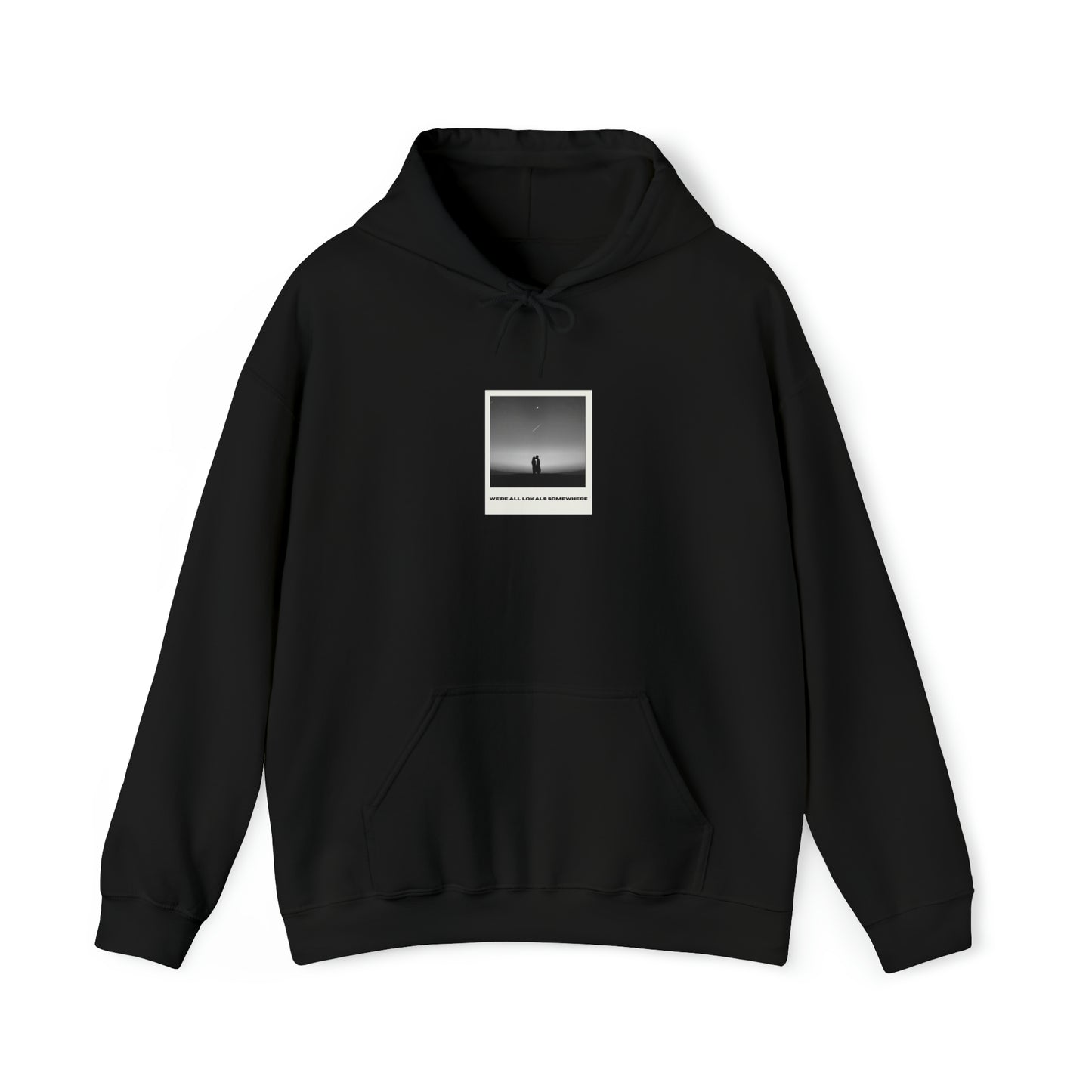 The front of Polaroid Hoodie + Shooting Star Couple | We're All Lokals Somewhere Hoodie in black 