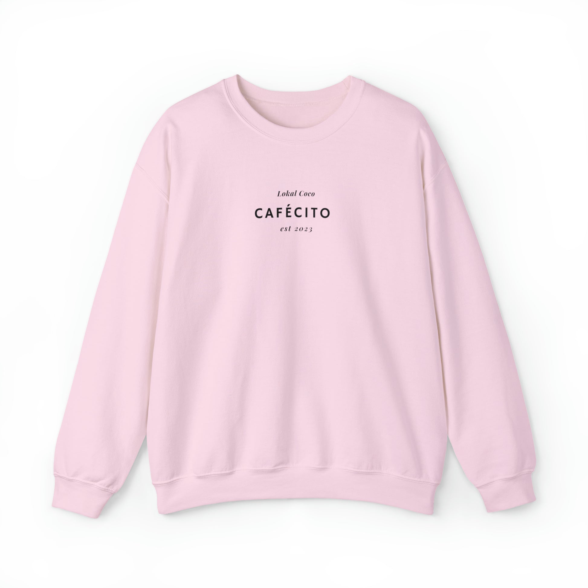 The front of Cafécito Sweater | Watercolor Coffee Crewneck Sweatshirt in light pink