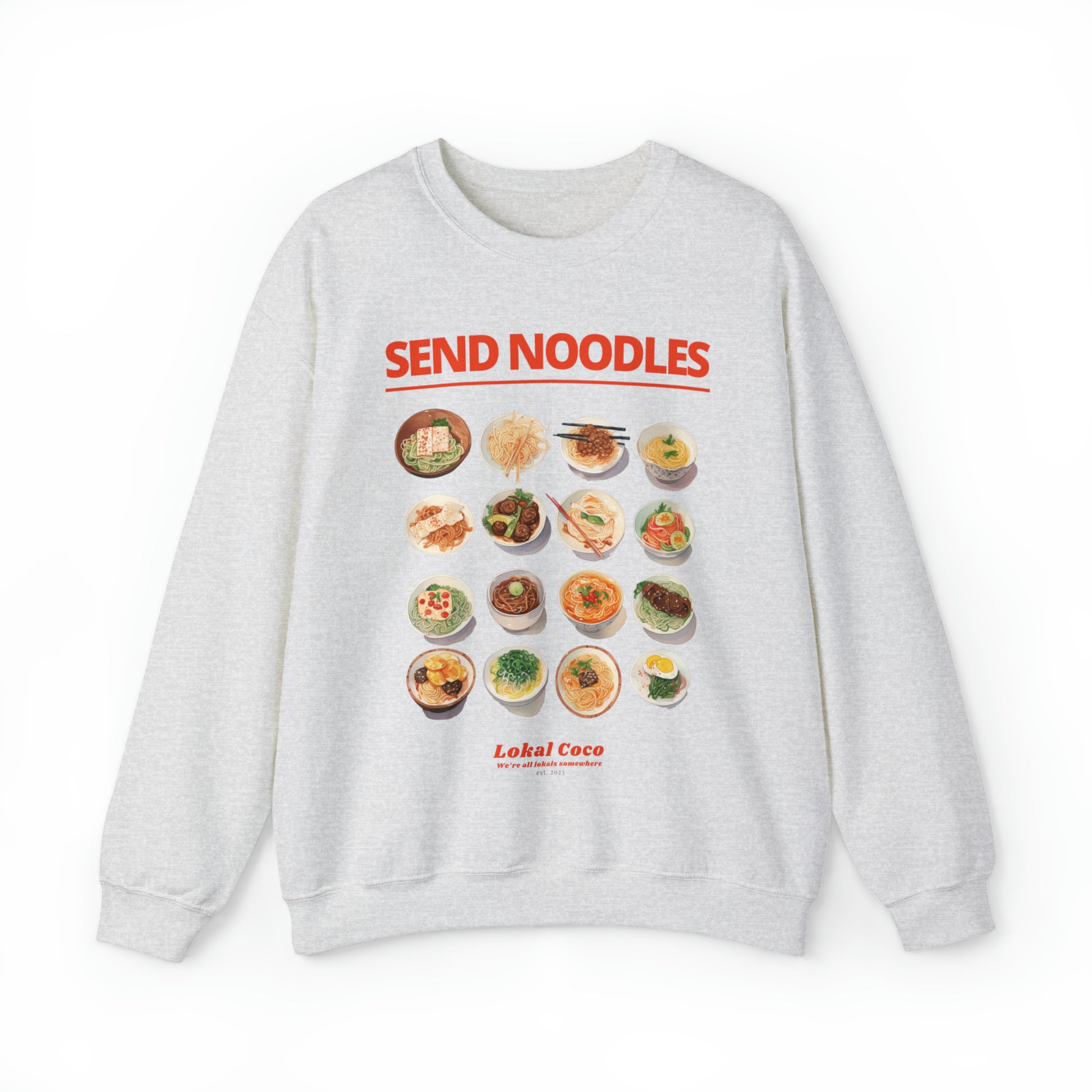 The front Send Noodles Sweatshirt | Noodle Lover Crewneck Sweater in ash 