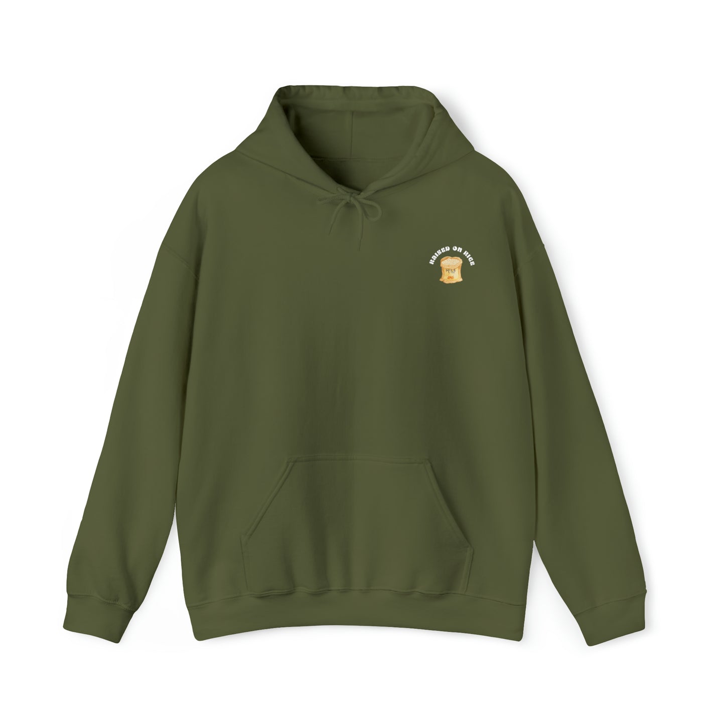  The front of Raised on Rice Hoodie in military green