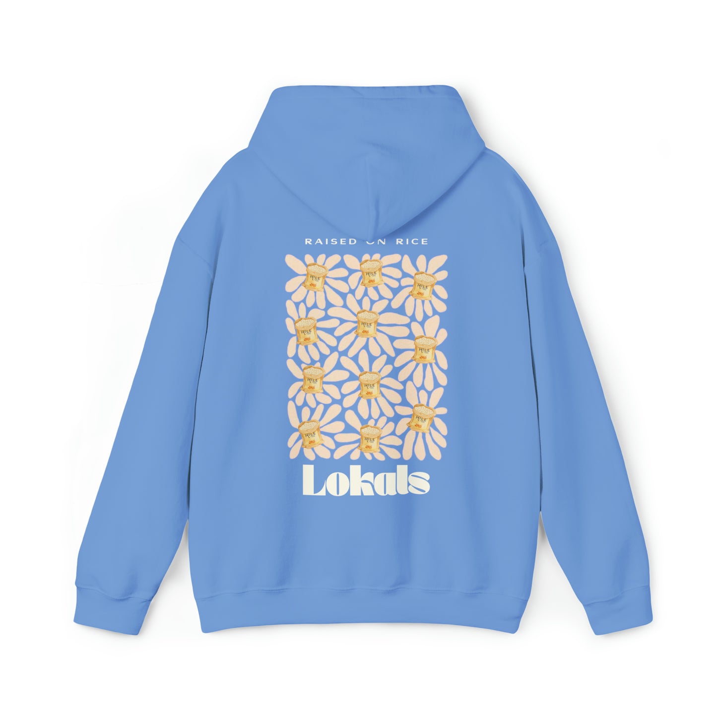 The back part of the Raised on Rice Hoodie in Carolina blue