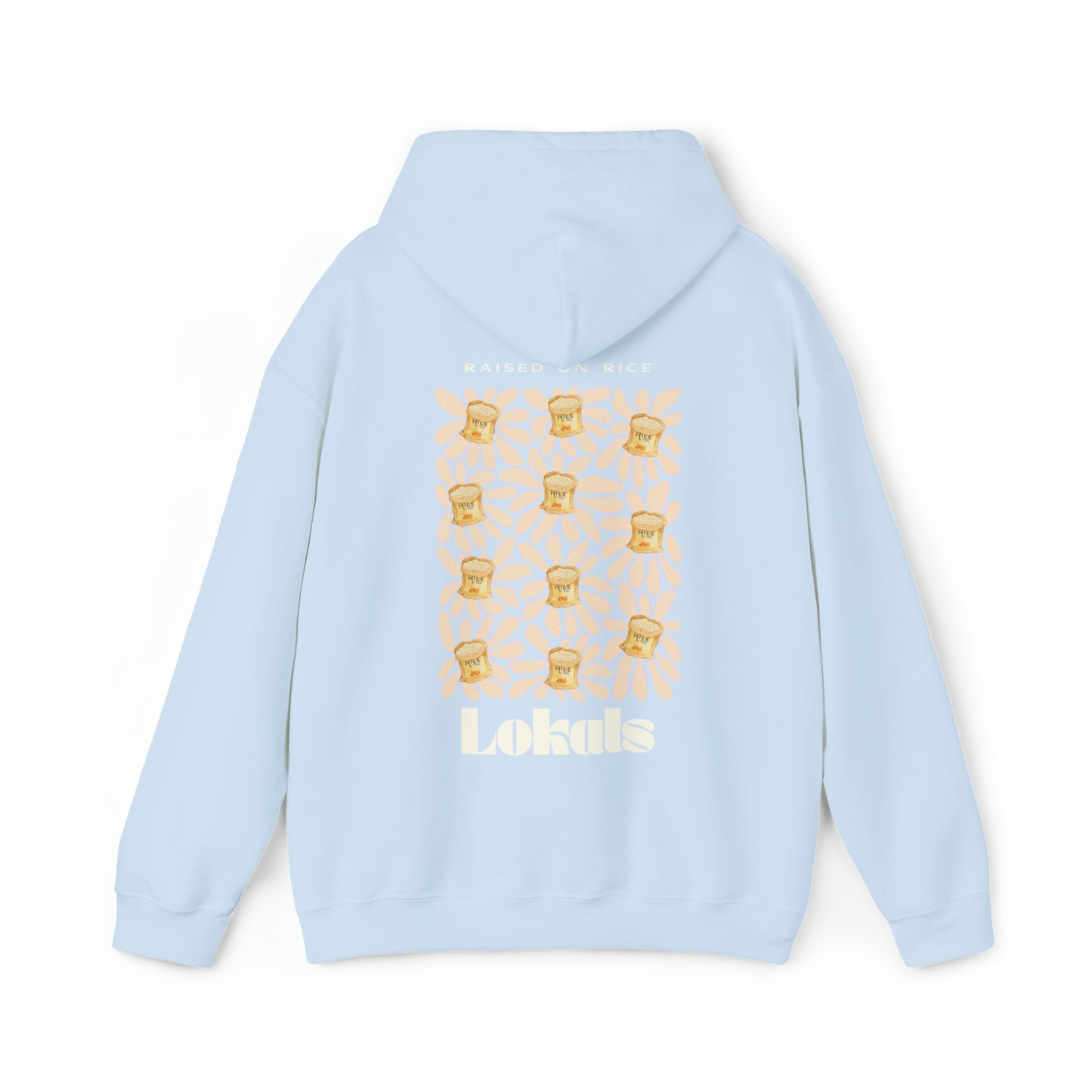 The back part of the Raised on Rice Hoodie in light blue