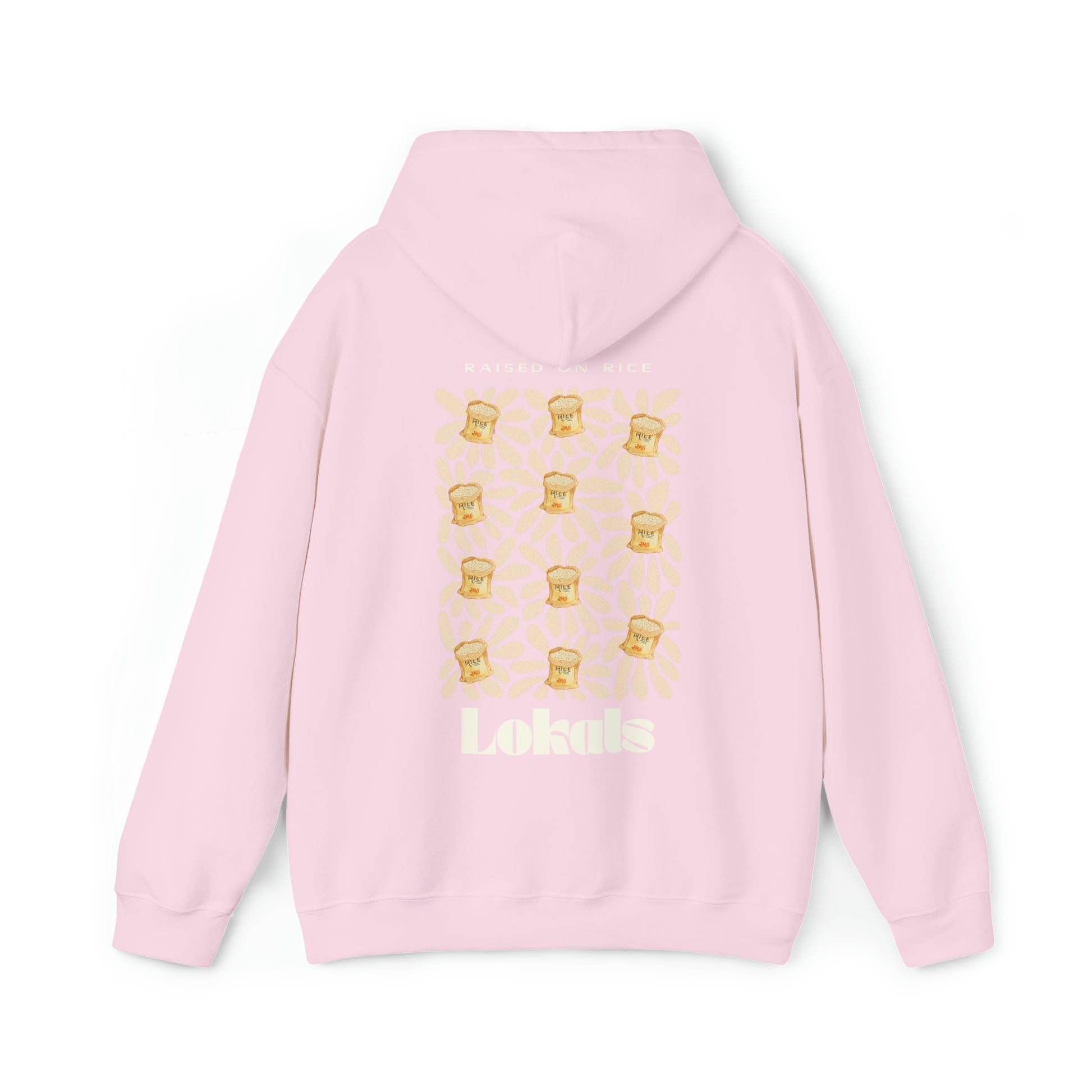 The back part of the Raised on Rice Hoodie in light pink