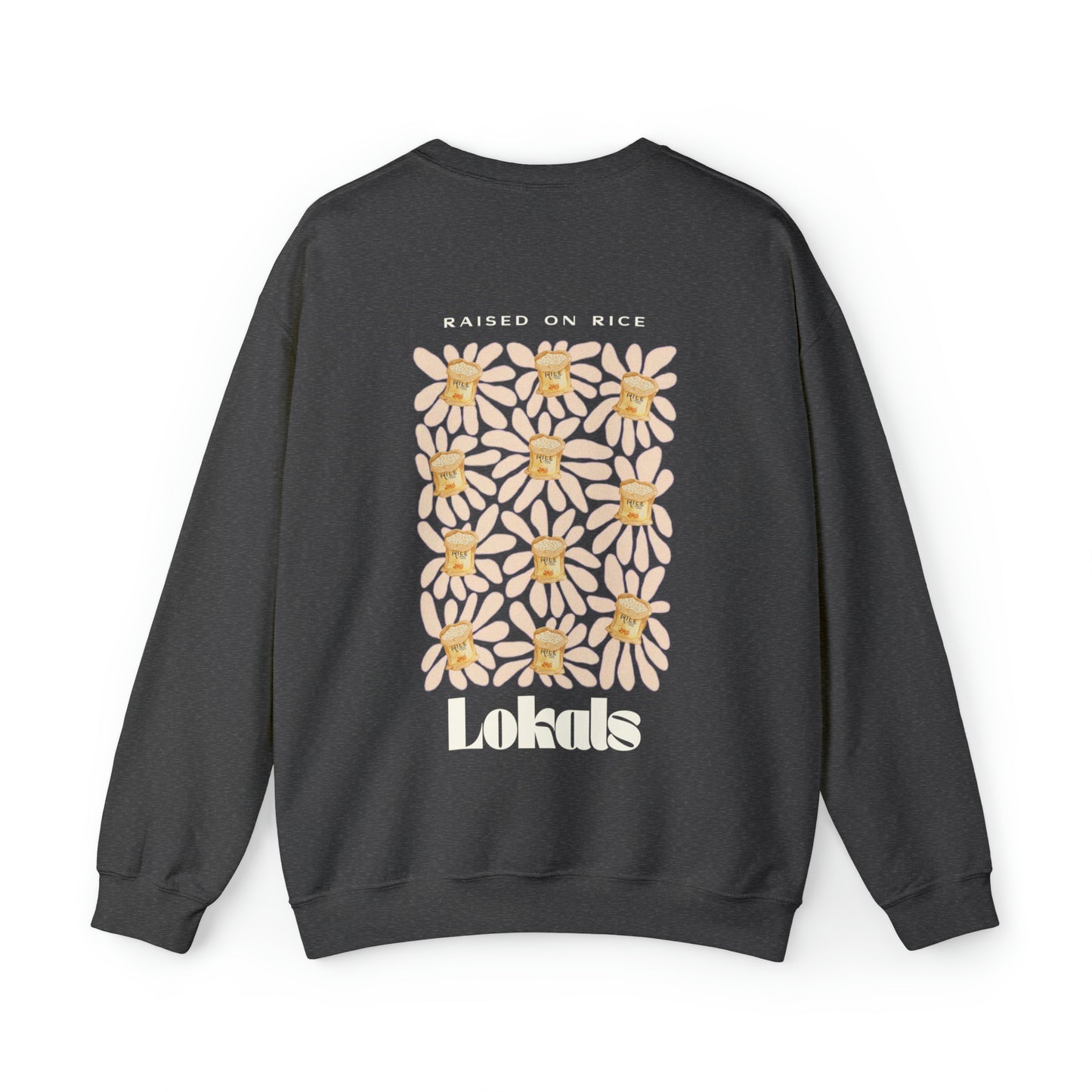 The back part of the Raised on Rice Crewneck Sweatshirt in dark heather