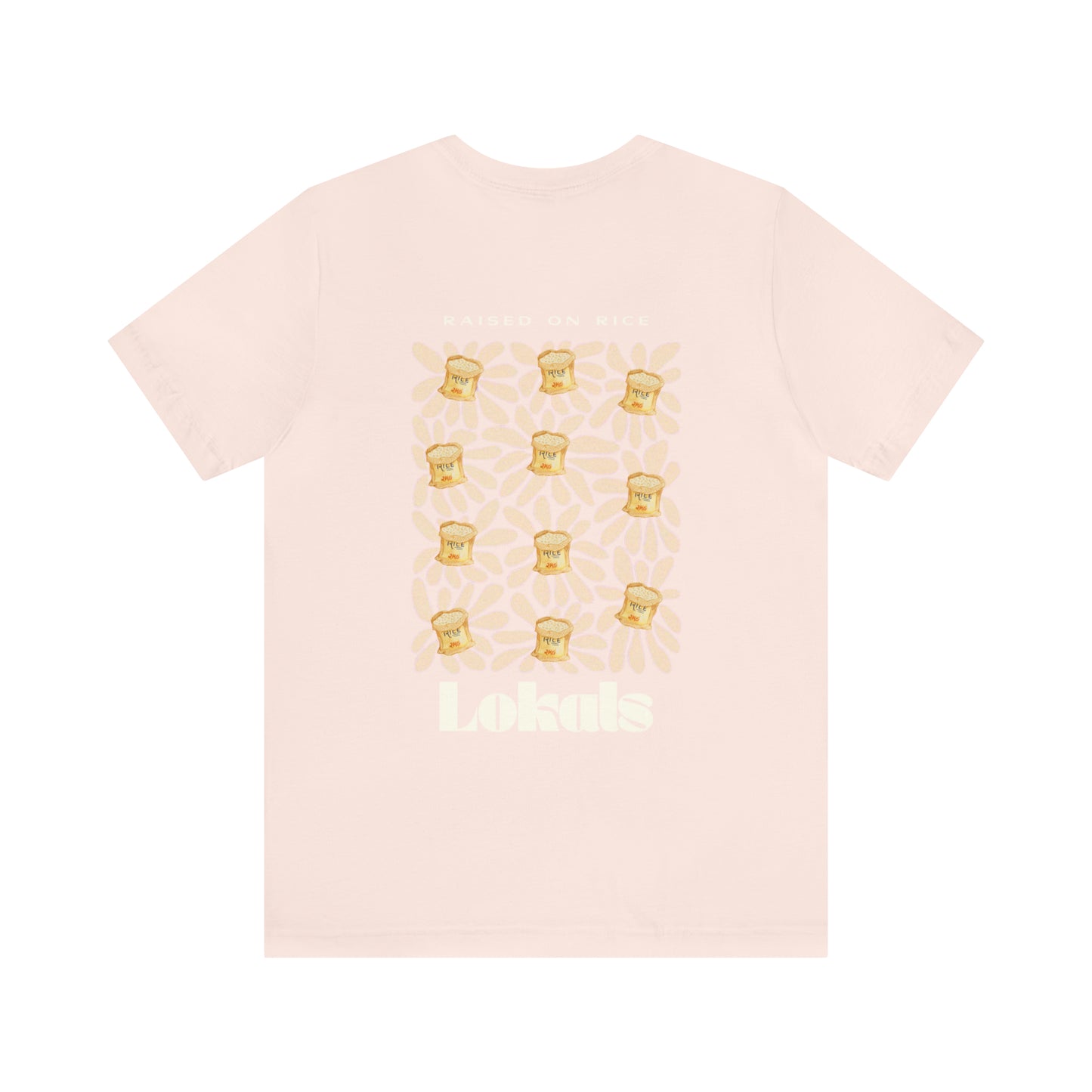  The back of the Raised on Rice T-shirt in light pink 