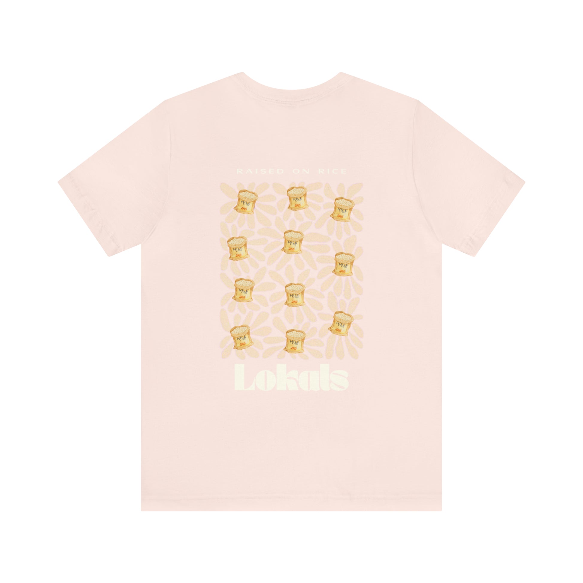  The back of the Raised on Rice T-shirt in light pink 