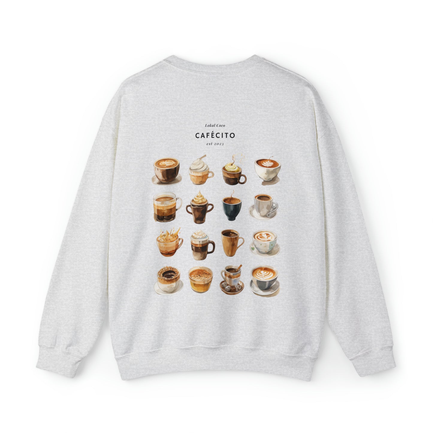 The back of Cafécito Sweater | Watercolor Coffee Crewneck Sweatshirt in ash