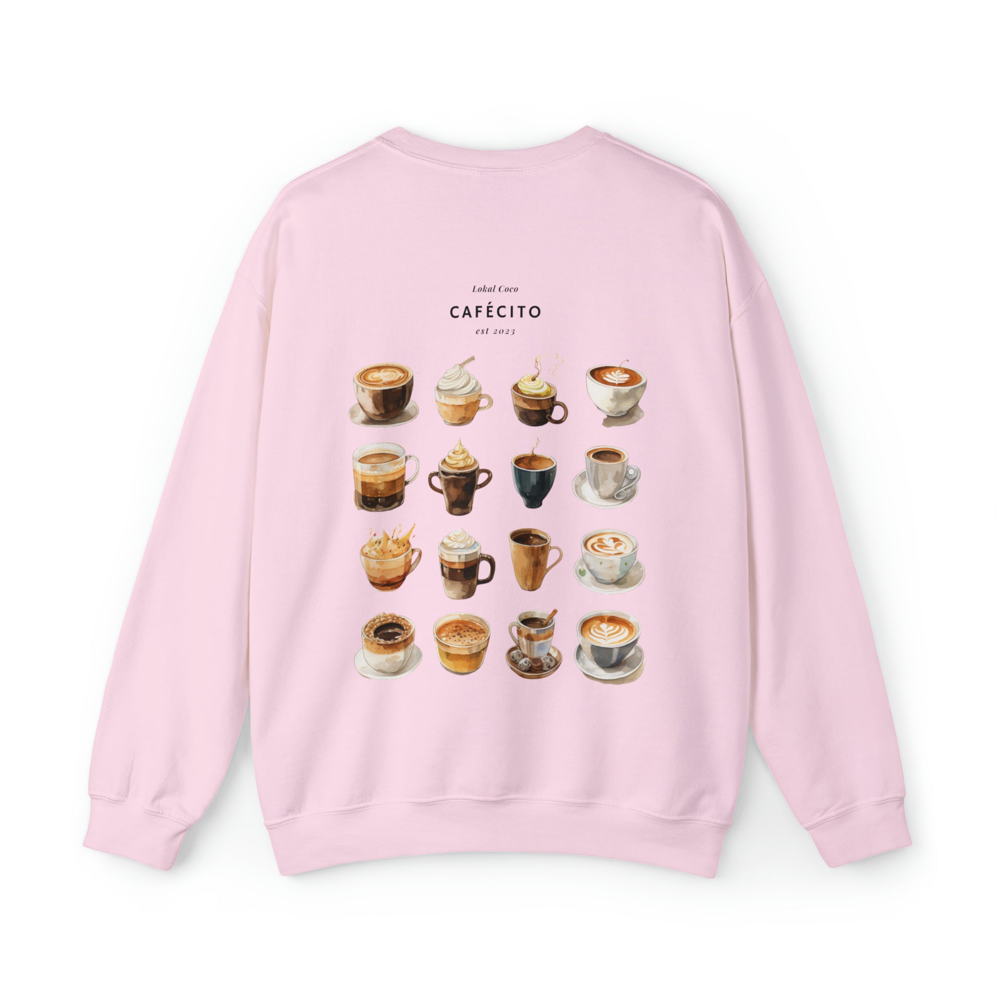 The back of Cafécito Sweater | Watercolor Coffee Crewneck Sweatshirt in light pink