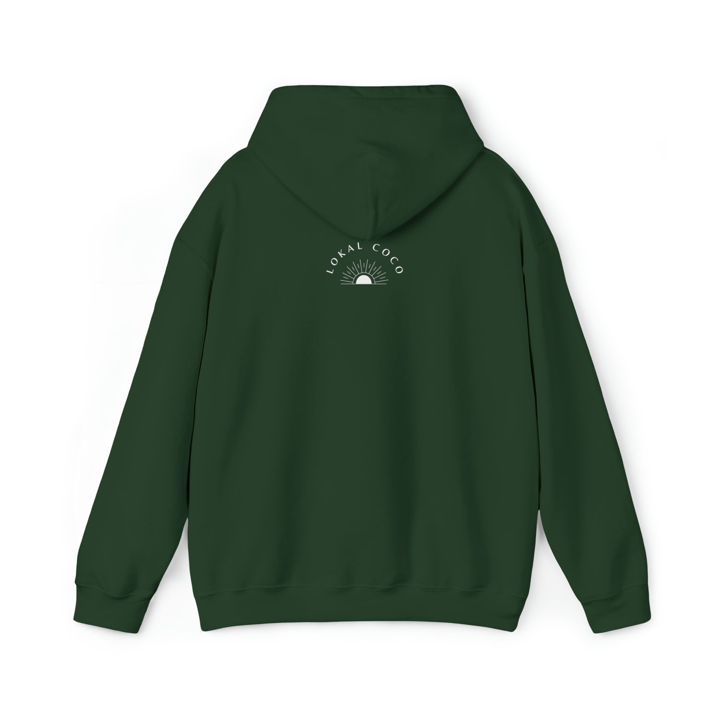 The back of the Pão De Queijo Brigadeiro Coxinha & Guaraná Brazil Food hoodie with the hood down in forest green