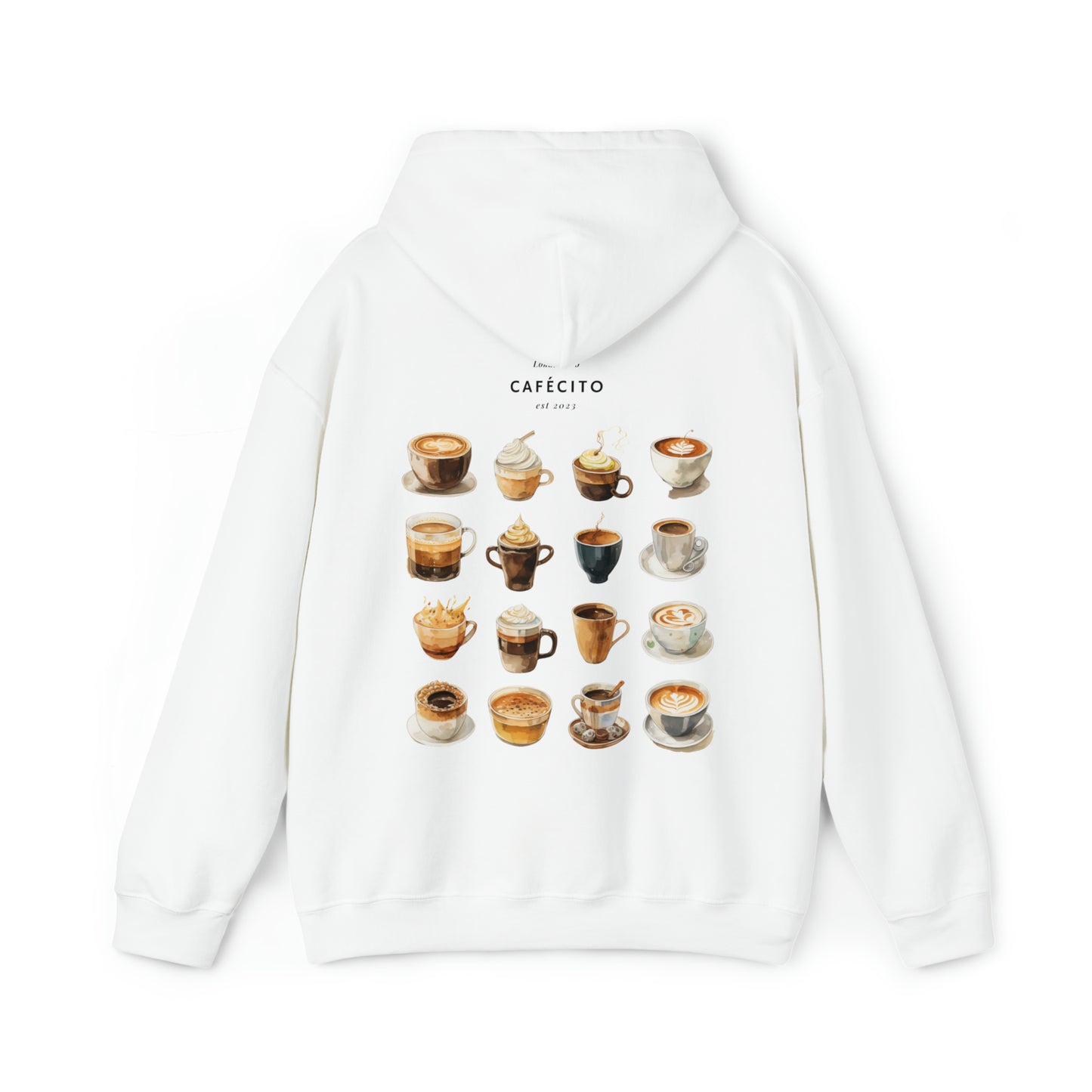 The back of Cafécito Hoodie | Watercolor Coffee Hoodie in whtie