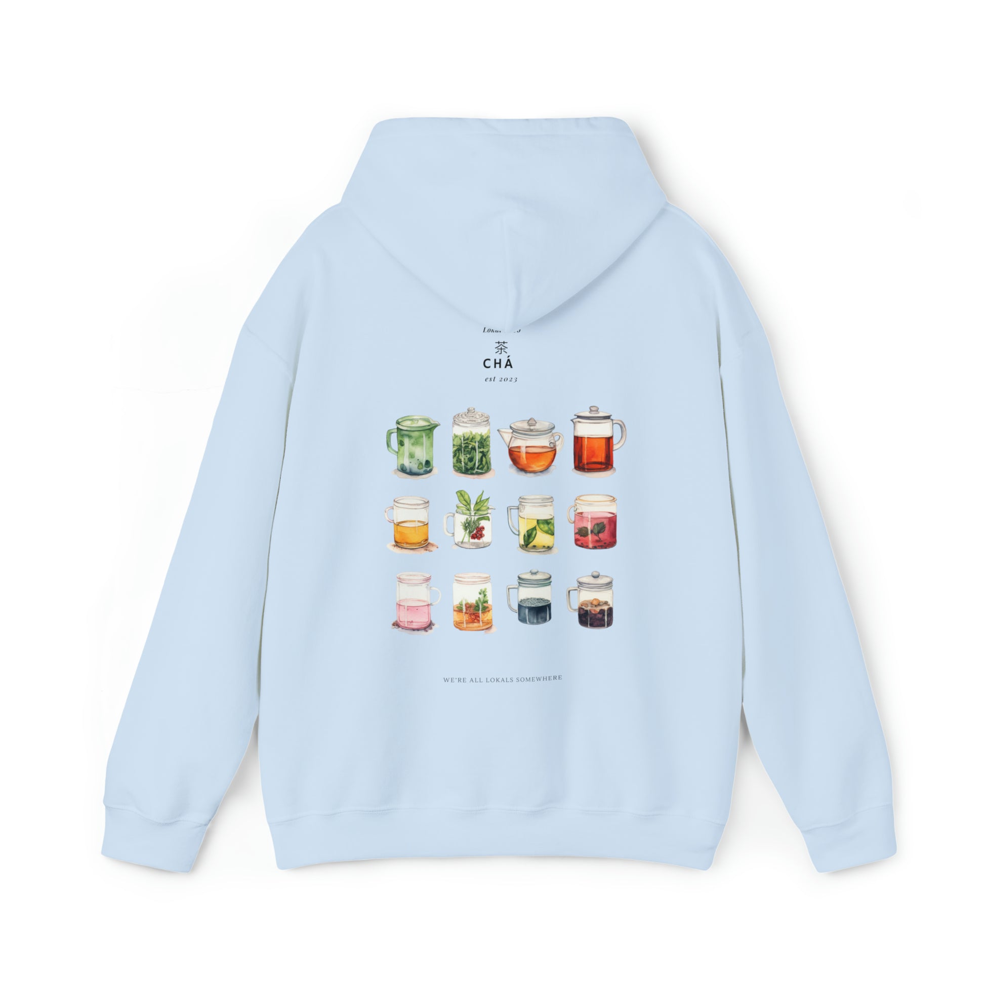 The back of Tea Lover Hoodie | 茶 Chá in Mandarin Watercolor Hoodie in light blue