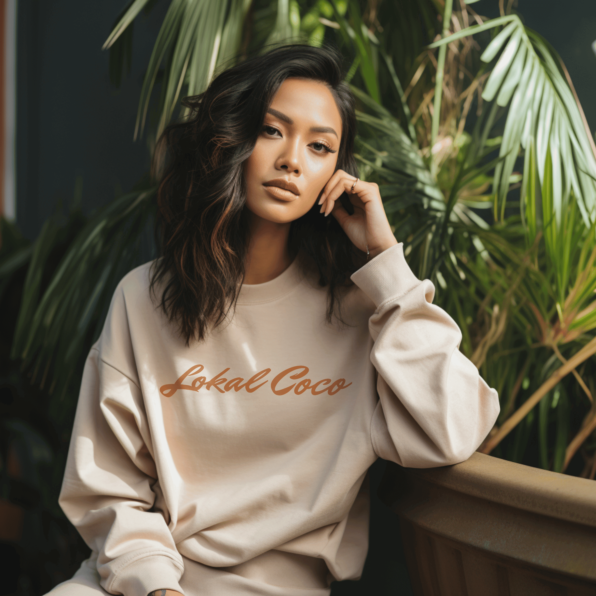 Female Filipina model wearing Lokal Coco sweatshirt