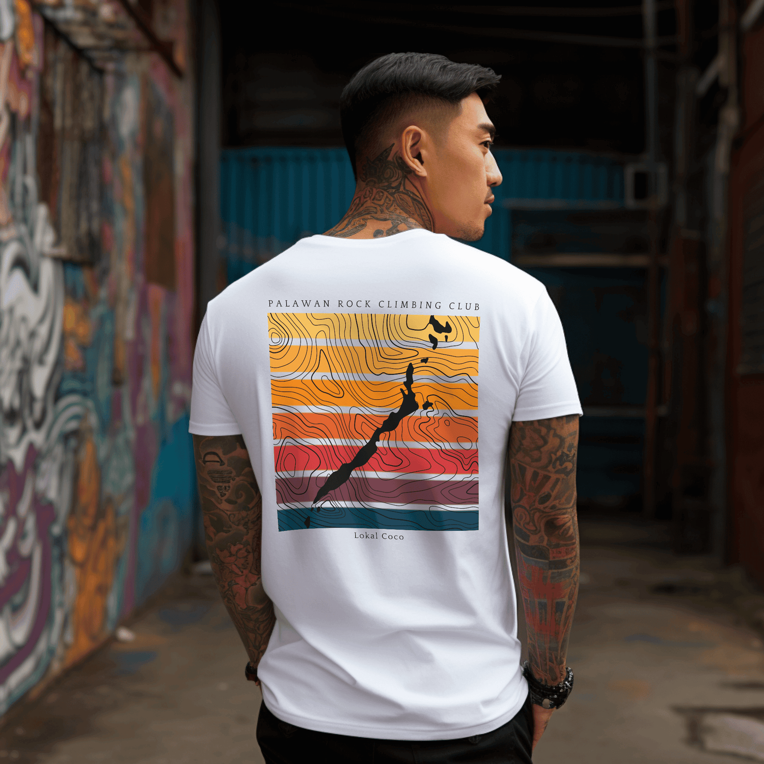 Male Filipino model showing the back of his Lokal Coco tee in an urban street market