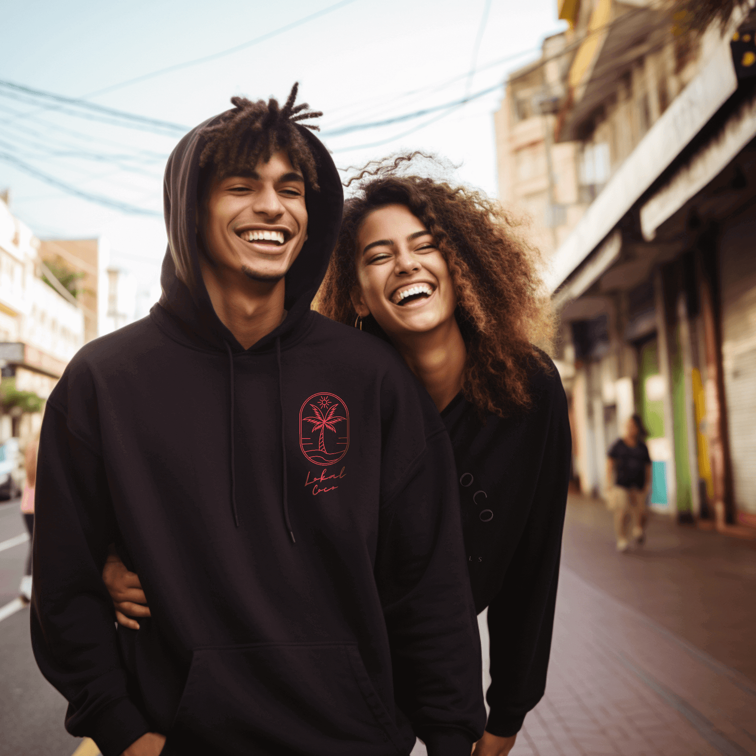 Two young multi-cultural models smiling while wearing their Lokal Coco clothing